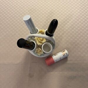 Vintage porcelain bisque basket lipstick holder yellow flowers for vanity table.